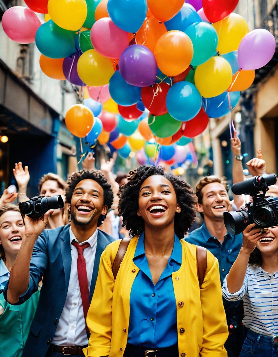 A vibrant film set bustling with joy, showcasing diverse filmmakers and actors laughing and collaborating. Colorful banners celebrating cinema's positivity hang in the background, with cameras capturing moments of happiness. Bright balloons and confetti float in the air, symbolizing a revolution in heartfelt storytelling. The overall atmosphere is warm and inviting, embodying cheerfulness and creativity. digital illustration. vibrant colors. lively style.