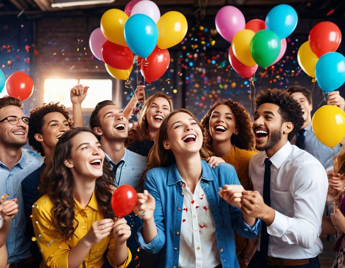 A lively film set with a diverse group of joyful professionals laughing and collaborating, colorful balloons and confetti in the air, showcasing a vibrant atmosphere of creativity and happiness. The backdrop features a film camera and bright lights, symbolizing the heart of the industry. Capture a sense of camaraderie and positivity. super-realistic. vibrant colors. 3D.