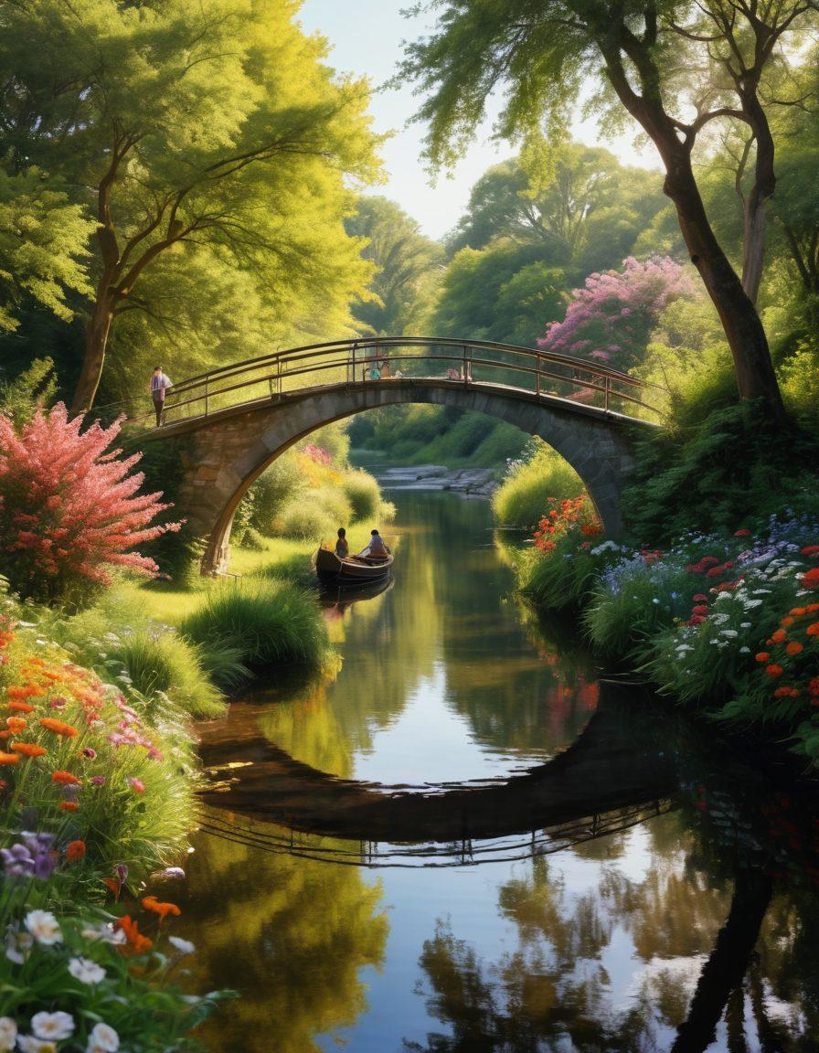 A serene landscape depicting a beautiful bridge arching over a tranquil river, surrounded by lush greenery and colorful flowers, symbolizing connection and happiness in film culture. In the foreground, a group of diverse people joyfully interacting and sharing ideas, with film reels and cameras subtly integrated into their activities. Soft sunlight filters through the trees, casting dappled shadows on the scene. vibrant colors. super-realistic.